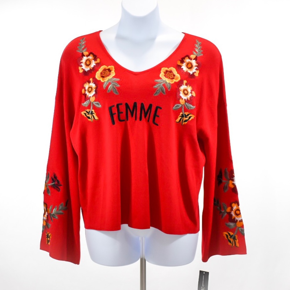 INC Embroidered Bell Sleeve Varsity Top